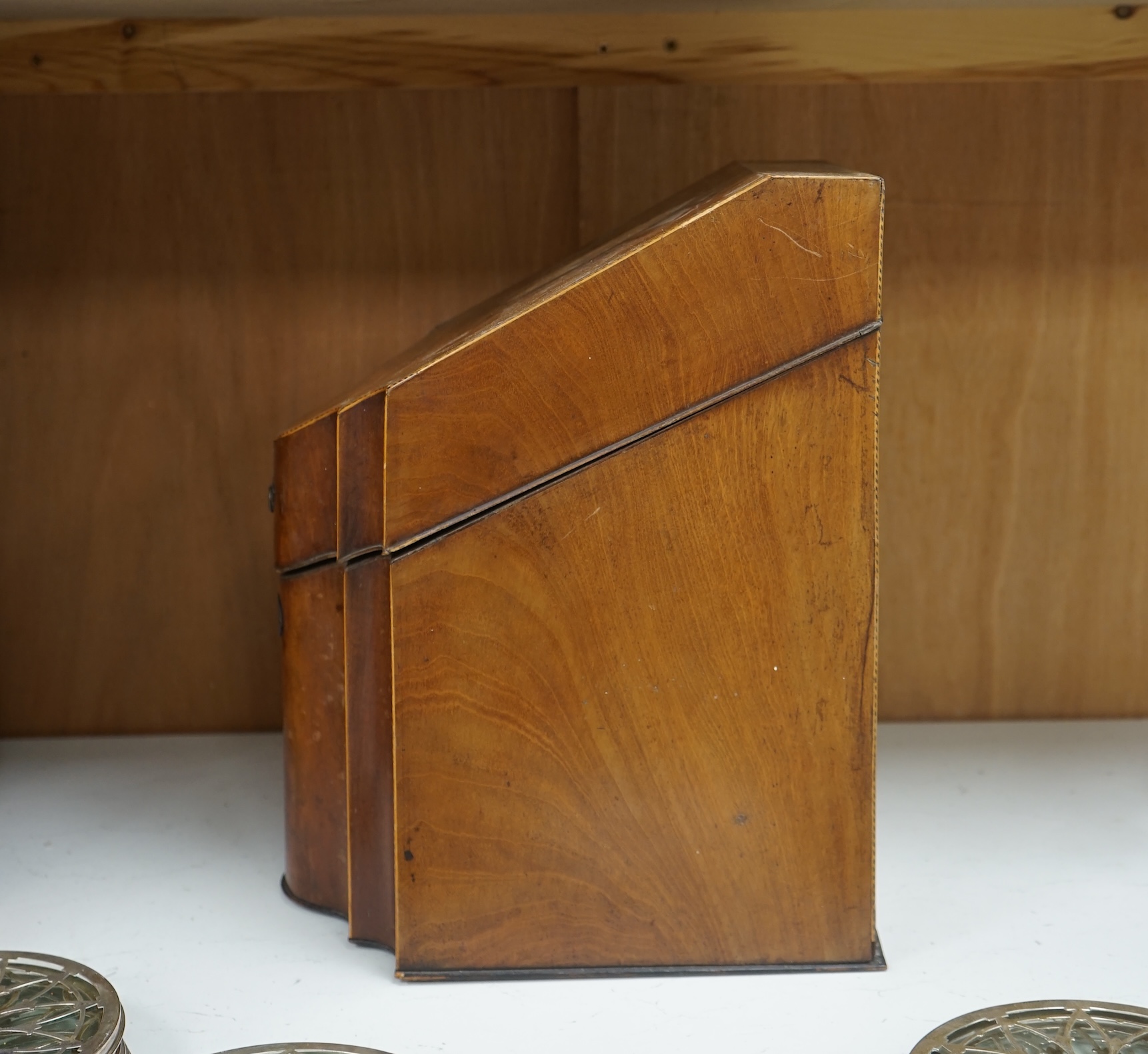 A George III mahogany shell inlaid knife box, converted to a stationery box, 36.5cm high at the back. Condition - needs cleaning and possibly repolishing